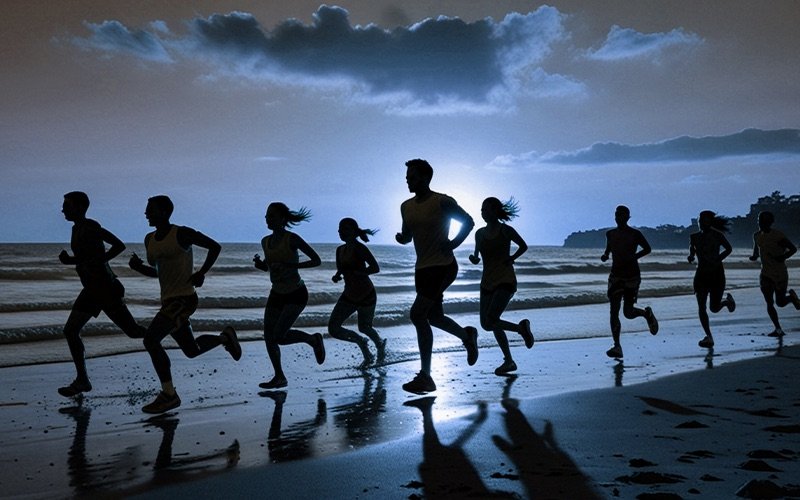 Community runners silhouetted on a beach