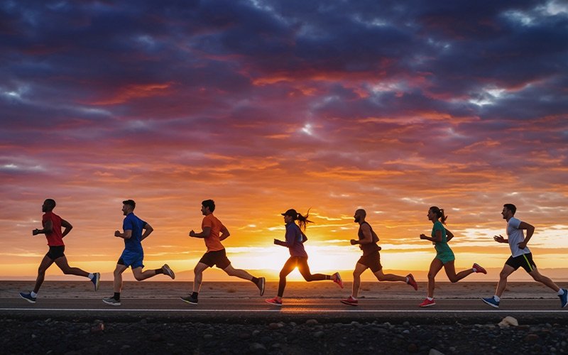 Community runners at sunset